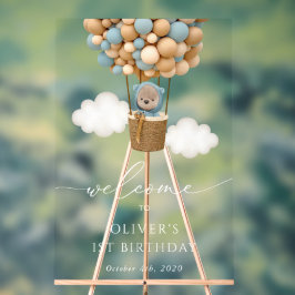 Señal Acrílica Oso lindo, globos azules, primera bienvenida de cu