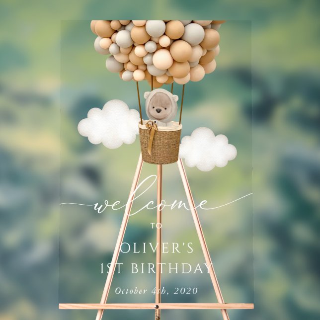 Señal Acrílica Oso lindo, globos beiges, bienvenida de primer cum (Neutral )