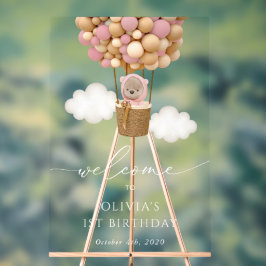 Señal Acrílica Oso lindo, globos rosados, bienvenida de primer cu