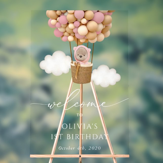 Señal Acrílica Oso lindo, globos rosados, bienvenida de primer cu (Neutral )