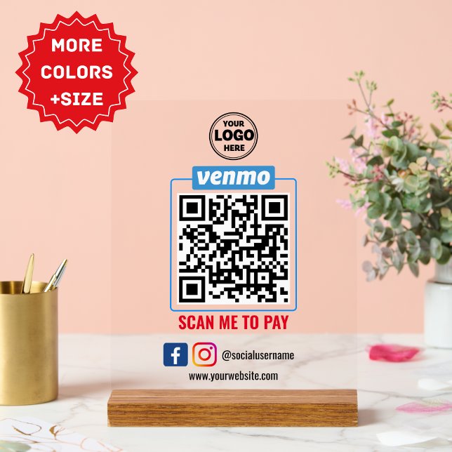 Señal Acrílica Pago de código QR de Venmo | Búsqueda inteligente  (Editable Scan to Pay Sign QR Code Sign Template)