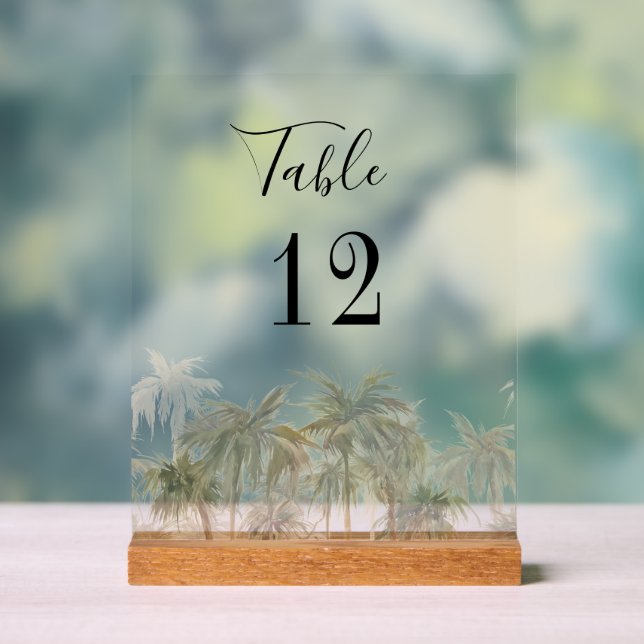 Señal Acrílica Palm Trees Beach Custom Wedding Número de tabla (Neutral )