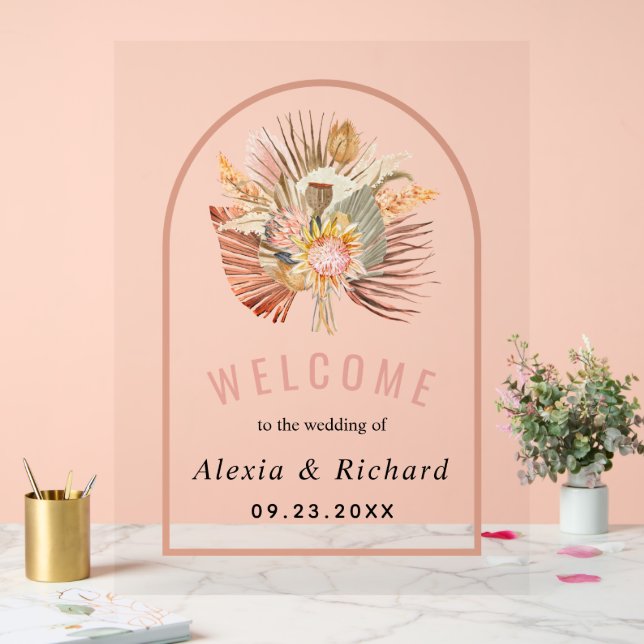 Señal Acrílica Palmeras secas, pampas hierba terracota boda rosa (Boda)