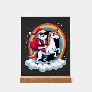 Señal Acrílica Papá Noel montando unicornio Navidad chicas mujere