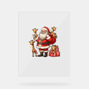 Señal Acrílica Papá Noel norteamericano sostiene jirafa en Navida