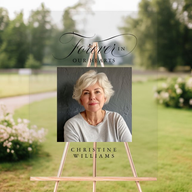 Señal Acrílica "Para siempre en nuestros corazones", monumento, n ("Forever in our Hearts" In loving, Memory! Modern, elegant, script font, with photo and name.)