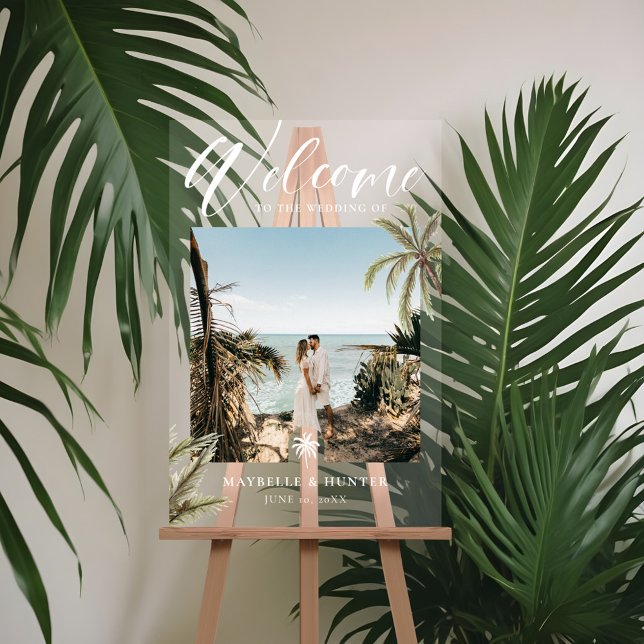 Señal Acrílica Paraíso tropical Palm Trees Boda Foto Bienvenida (Tropical Paradise Palm Trees Wedding Photo Welcome Acrylic Sign)