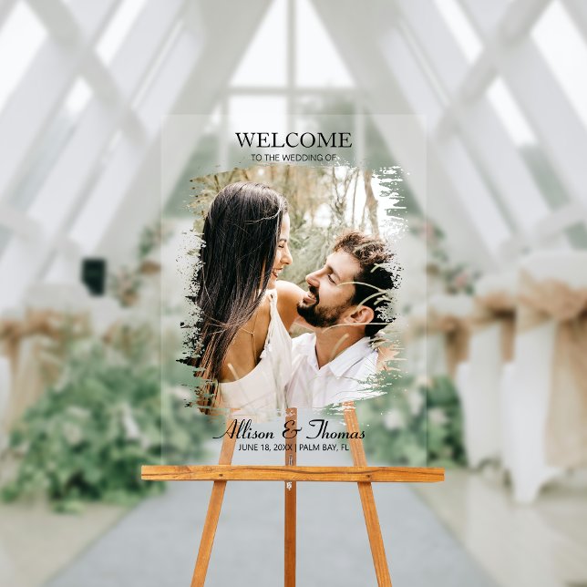 Señal Acrílica Pareja Boda moderna foto bienvenida transparente (Make a dazzling entrance and warmly greet guests with our captivating photo acrylic wedding sign!)