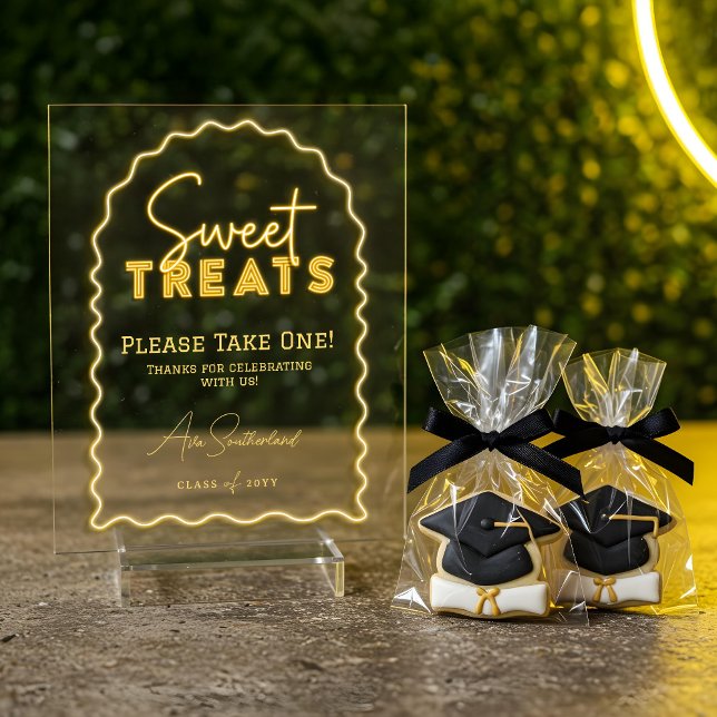 Señal Acrílica Partido de Graduación de la Neón Amarilla del Arco (Sweet Treat Wavy Arch Yellow Neon Graduation Party Acrylic Sign)