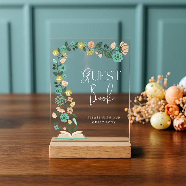 Señal Acrílica Pascua floral de primavera en Baby Shower Guest Bo (Baby Shower Guest Book Spring Floral Easter Acrylic Sign)
