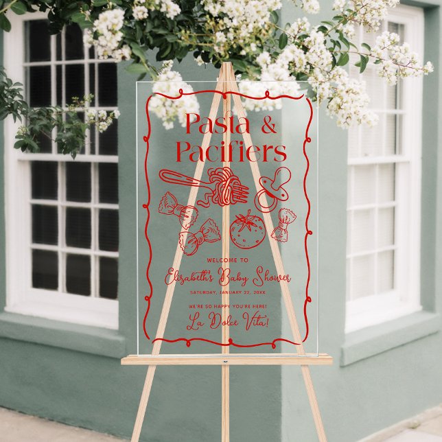 Señal Acrílica Pasta & Pacifiers Italian Baby Shower Welcome (Pasta & Pacifiers Italian Baby Shower Welcome Acrylic Sign)