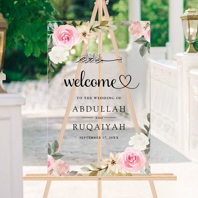 Señal Acrílica Pastel Pink Floral Muslim Wedding Welcome (Subido por el creador)