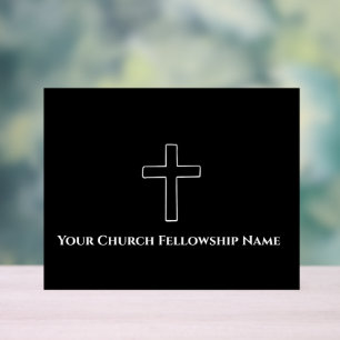 Señal Acrílica Pastor de iglesia de esquema de cruz blanca negra 