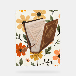 Señal Acrílica patron de flores y libros groovy