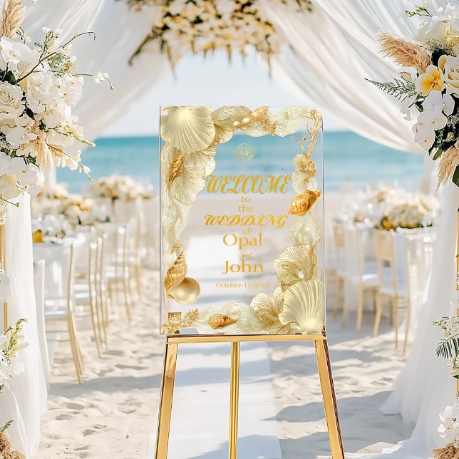 Señal Acrílica Pearl & Gold Seashell Welcome Wedding Acrylic Sign (Chic Modern Ivory Pearl and Gold Coastal Wedding Welcome Acrylic Sign)