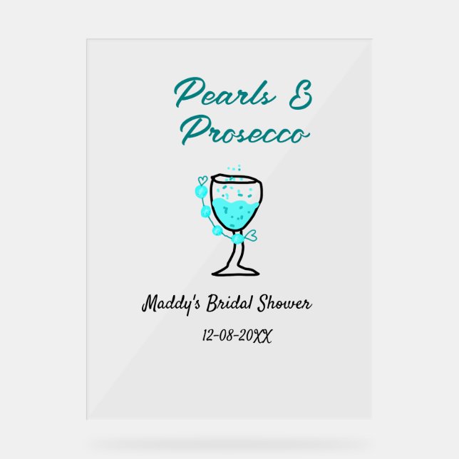 Señal Acrílica Pearls and prosecco bridal shower blue black name  (Anverso)