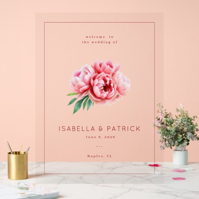 Señal Acrílica Peonía Romántica de Acuarela Rosa (Boda)