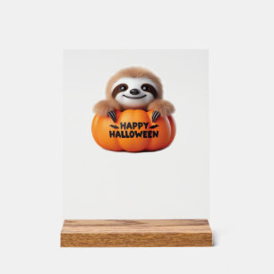 Señal Acrílica Perezoso lindo sentado en una Calabaza. Texto Feli