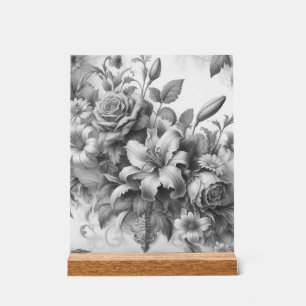 Señal Acrílica Perfección floral de antigüedades en blanco y negr