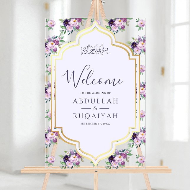 Señal Acrílica Periwinkle Floral Gold Muslim Wedding Welcome (Subido por el creador)