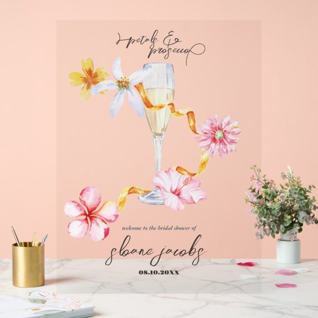 Señal Acrílica Perlas, Pétalos y Prosecco | Letrero de Bienvenida (Boda)