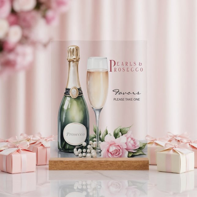 Señal Acrílica Perlas y Prosecco Recuerdos para Despedida de Solt (Front view pearls and prosecco bridal shower romantic pink fairytale elegant favors acrylic sign)