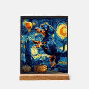 Señal Acrílica Perrito Dachshund Noche Estrellada de Halloween