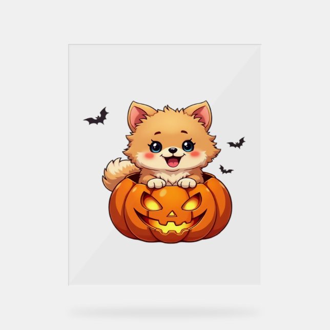 Señal Acrílica Perro de Pomerania Feliz calabaza de Halloween Cla (Anverso)