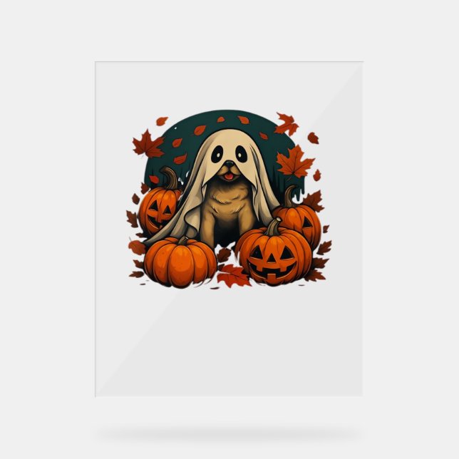 Señal Acrílica Perro de puré con calabazas caen Halloween Classic (Anverso)