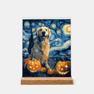 Señal Acrílica Perro Retriever Dorado Calabaza Noche Estrellada P