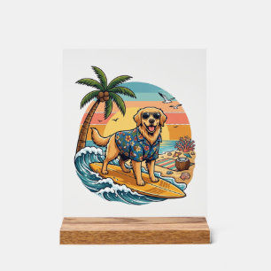 Señal Acrílica Perro Retriever Dorado Surfing Tabla de Surf Atard
