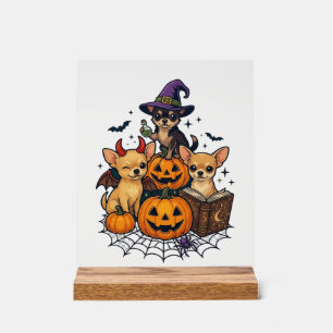 Señal Acrílica Perros Chihuahua de Halloween Calabazas Sombrero d