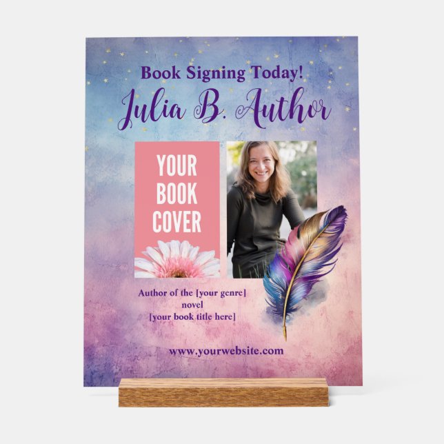 Señal Acrílica Personalizable Purple Feather Book Siging Event Si (Anverso)