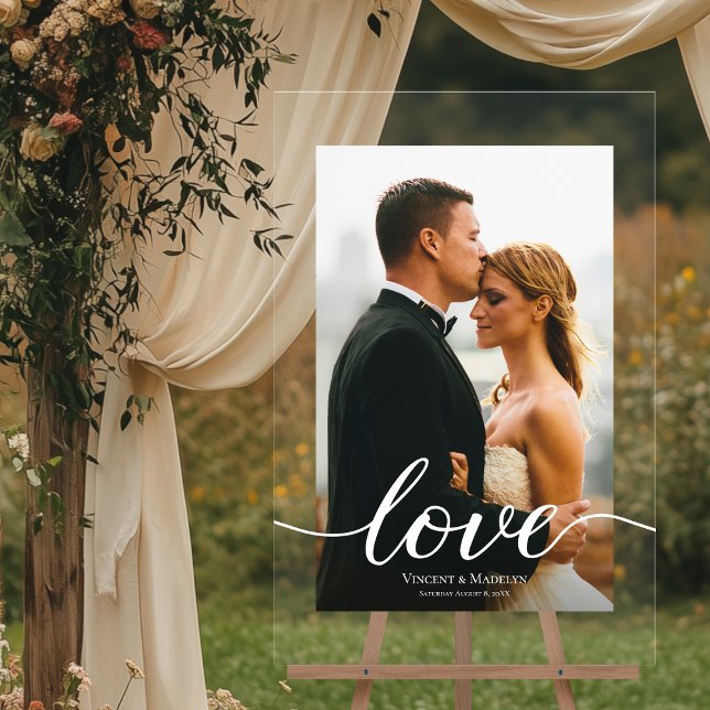 Señal Acrílica Personalizado de escritura de amor moderna foto Bo (24 x 36 vertical WEDDING welcome custom PHOTO, names and date acrylic sign with love script)