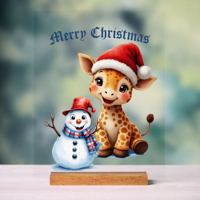 Señal Acrílica Personalizado lindo Giraffe con Santa Hat y Snowma (Neutral )
