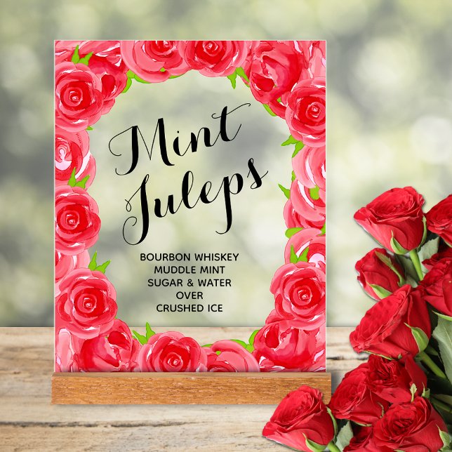 Señal Acrílica Pestaña de saltos de tinta de rosas rojas (Red roses bridal shower Mint Juleps tabletop acrylic sign)