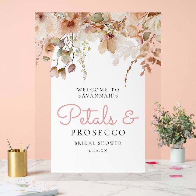 Señal Acrílica Pétalos rosados y ducha de novias Prosecco (Boda)