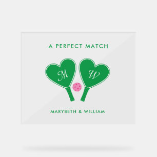 Señal Acrílica Pickleball de Boda Verde y Rosa Preppy