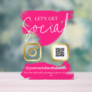 Señal Acrílica Pinceles rosas calientes Faux Gold Seamos sociable