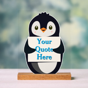 Señal Acrílica Pingüino feliz sosteniendo un cartel para personal