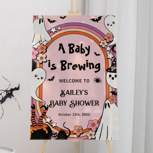 Señal Acrílica Pink Baby is Brewing Halloween Baby Shower Welcome (Subido por el creador)