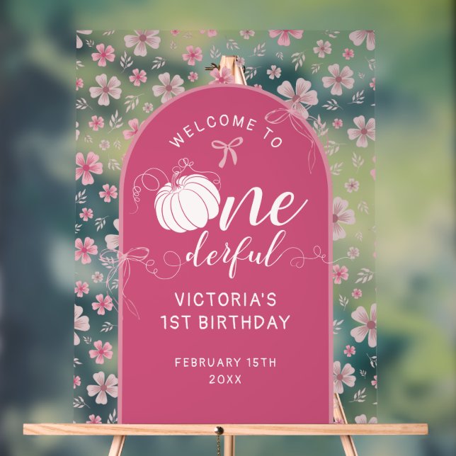 SEÑAL ACRÍLICA PINK BOW & ARCH FALL PUMPKIN FLOWERS BIRTHDAY (Neutral )