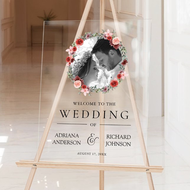 Señal Acrílica Pink Burgundy Floral Photo Wedding Welcome Sign (Subido por el creador)