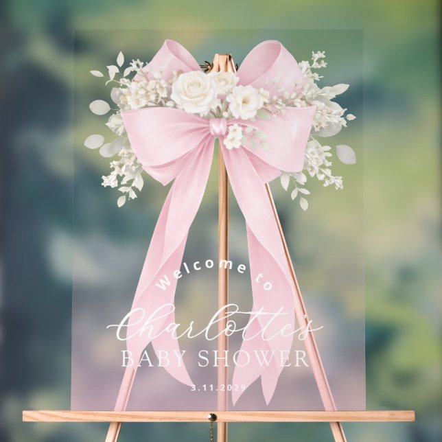 Señal Acrílica Pink Floral Bow Baby girl Shower Welcome (Neutral )