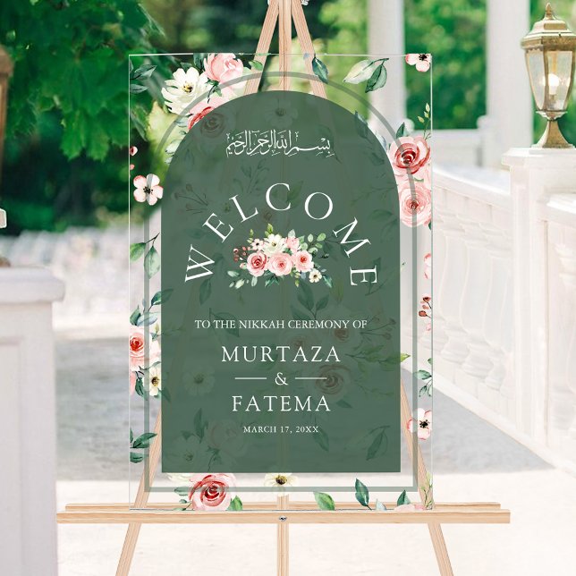 Señal Acrílica Pink Floral Green Arch Muslim Wedding Welcome (Subido por el creador)