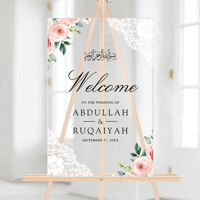 Señal Acrílica Pink Floral White Lace Muslim Wedding Welcome (Subido por el creador)
