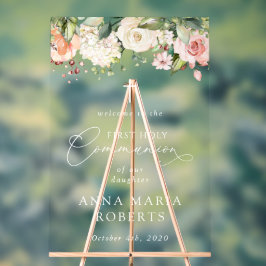 Señal Acrílica Pink Flowers, Boho, First Holy Communion Welcome