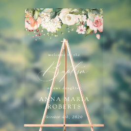 Señal Acrílica Pink Flowers, White Flowers, Boho, Baptism Welcome