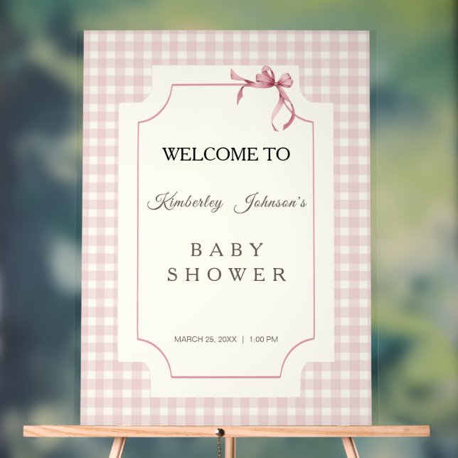 Señal Acrílica Pink Gingham con Bow Baby Shower (Neutral )