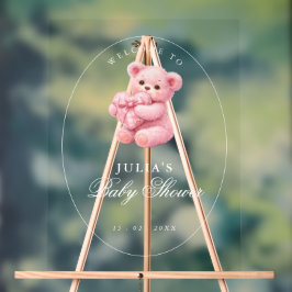 Señal Acrílica Pink Gingham Teddy Bear Neutral Baby Shower
